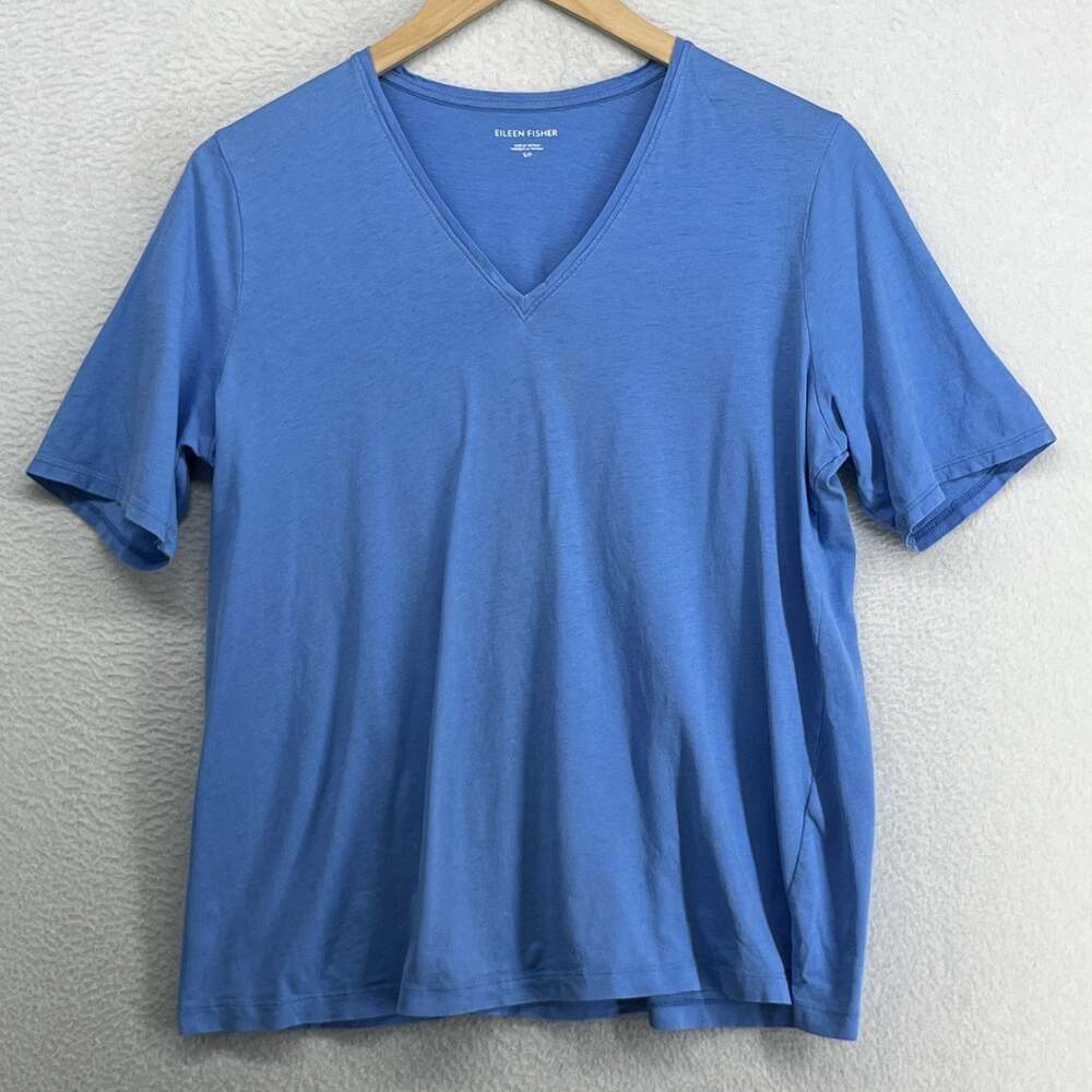 EILEEN FISHER Top S Slub Organic Cotton Jersey V-Neck Short Sleeve Blue